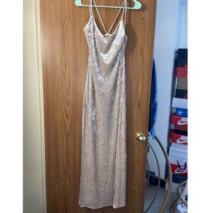 Champagne suede maxi dress with thigh slit